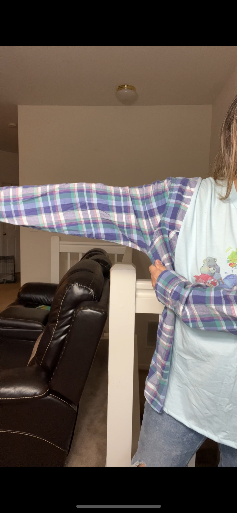 Upcycled Carebear – women’s 1X/2X thin T-shirt with flannel sleeves