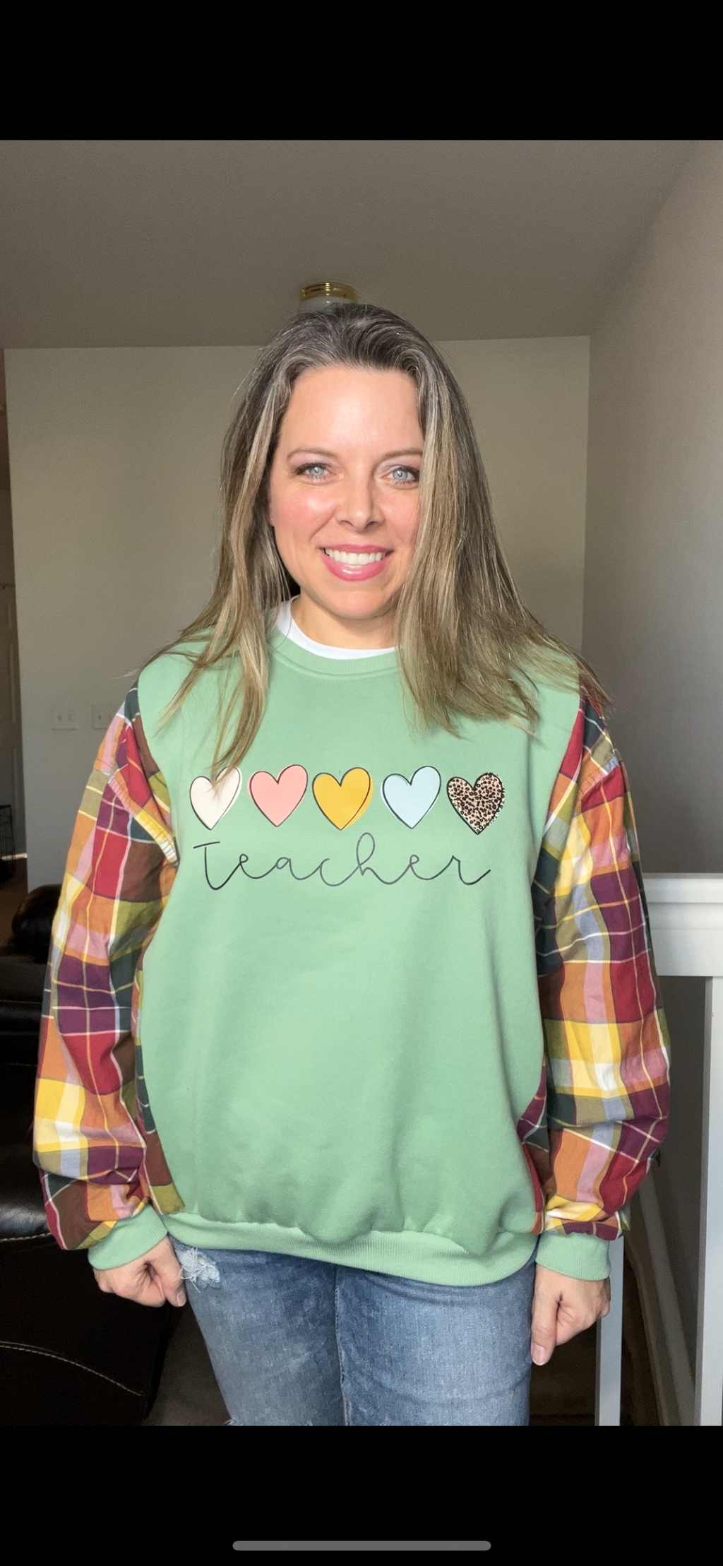 Upcycled Teacher – women’s large – midweight sweatshirt with flannel sleeves ￼