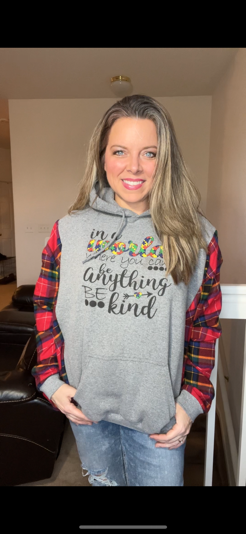 Upcycled Be Kind – women’s XL/1X – midweight sweatshirt with flannel sleeves￼