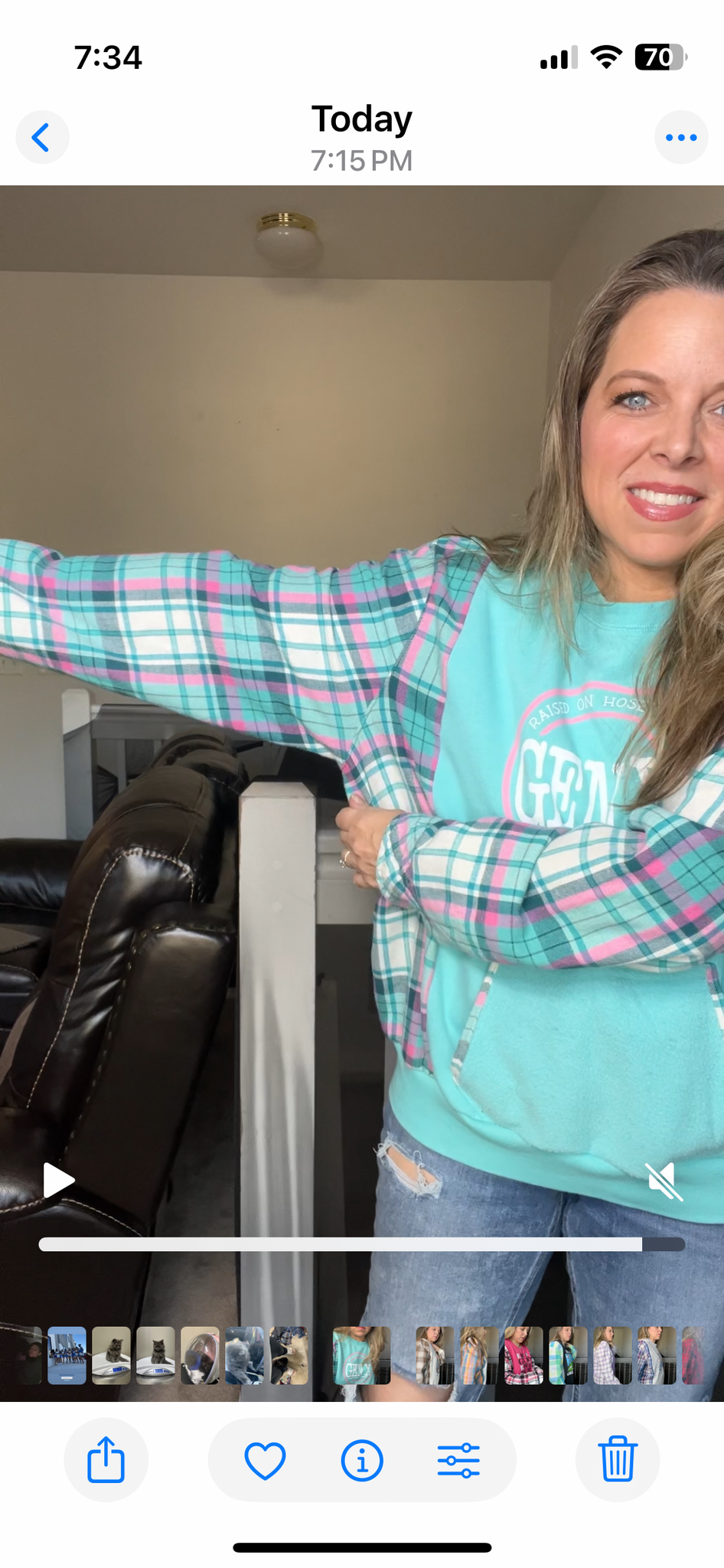 Upcycled Gen X aqua – women’s large midweight sweatshirt with flannel sleeves