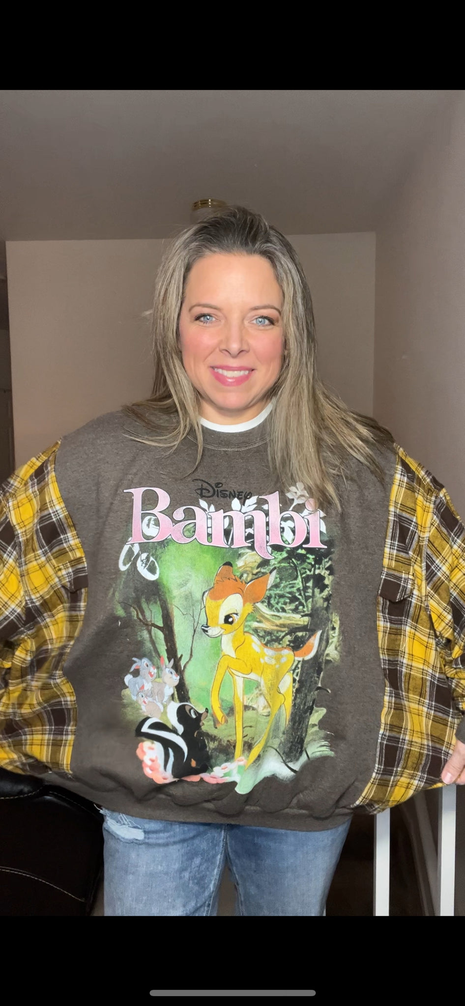 Upcycled Bambi – women’s XL – midweight sweatshirt with flannel sleeves ￼