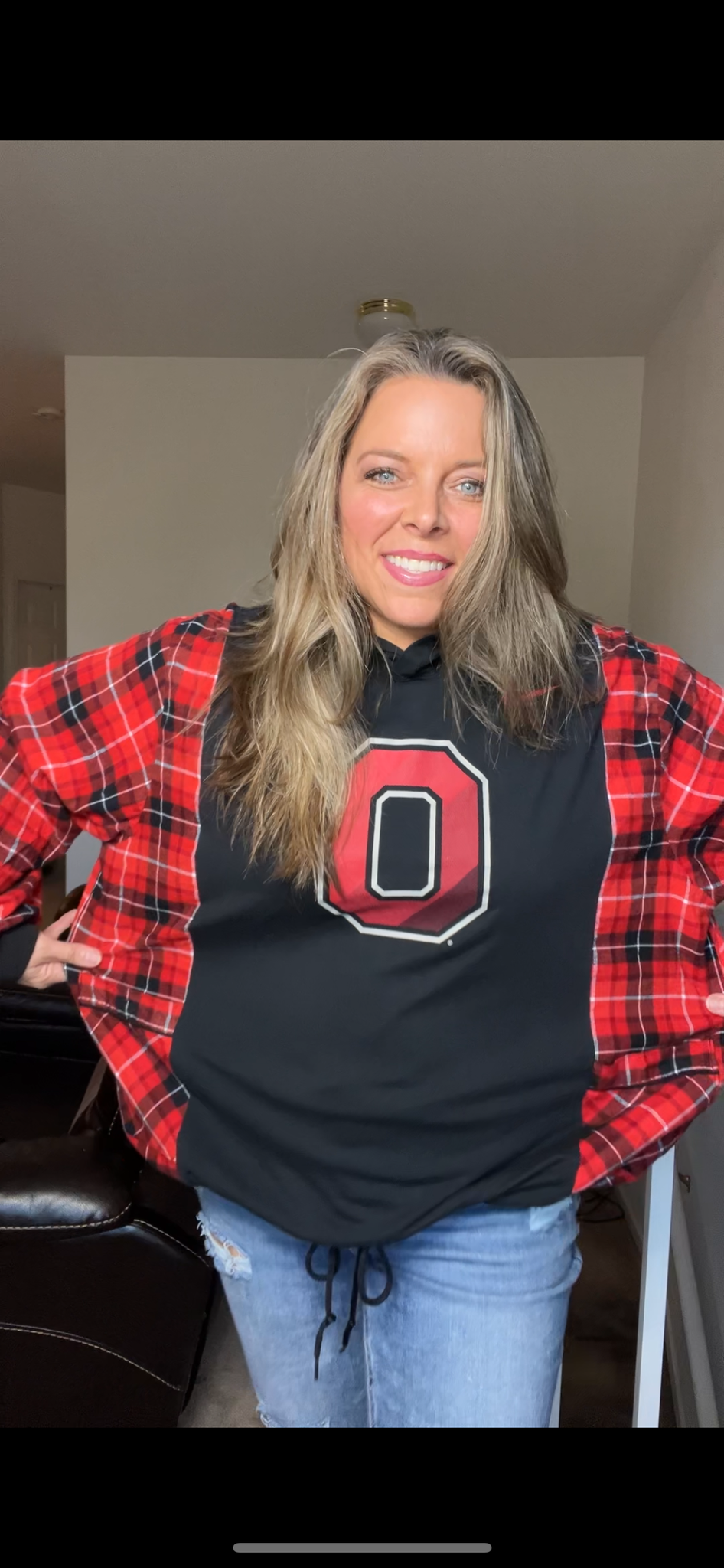 Upcycled Ohio – women’s 1X T-shirt with thin flannel sleeves￼