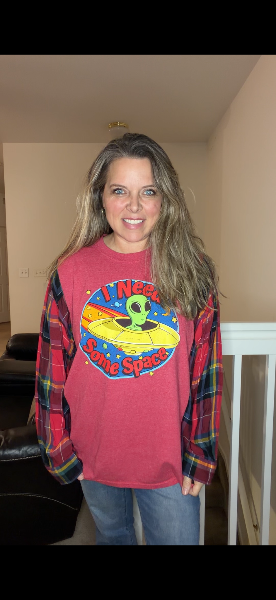 Upcycled Need Space - women's 2X T-shirt with thin flannel sleeves