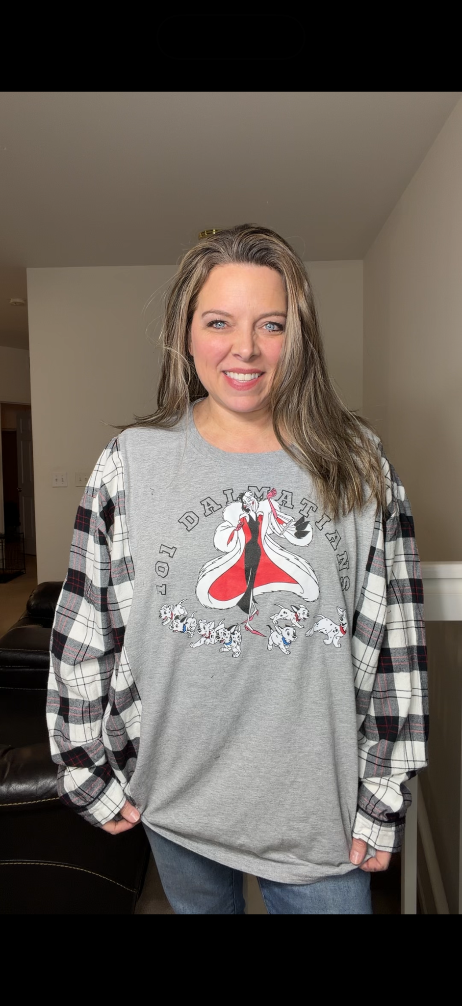 Upcycled 101 Dalmatians - women's 5X T-shirt with flannel sleeves