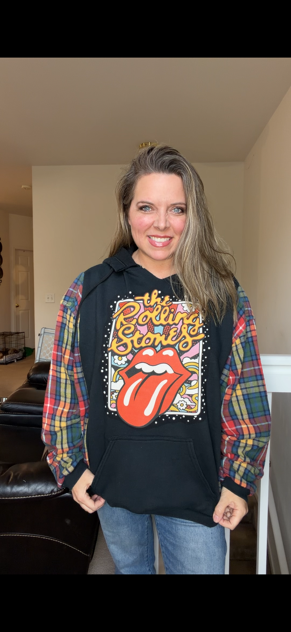 Upcycled Stones - women's 3X midweight sweatshirt with flannel sleeves