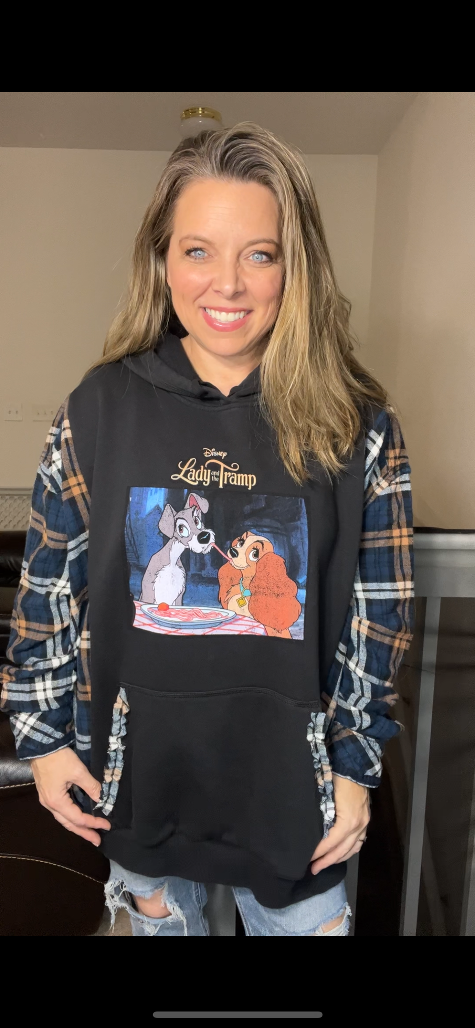 Upcycled Lady and tramp – women’s 5X midweight sweatshirt with flannel sleeves