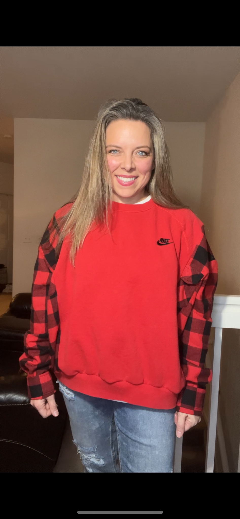 Upcycled Red Nike - Women’s medium/large – middleweight sweatshirt with flannel sleeves￼