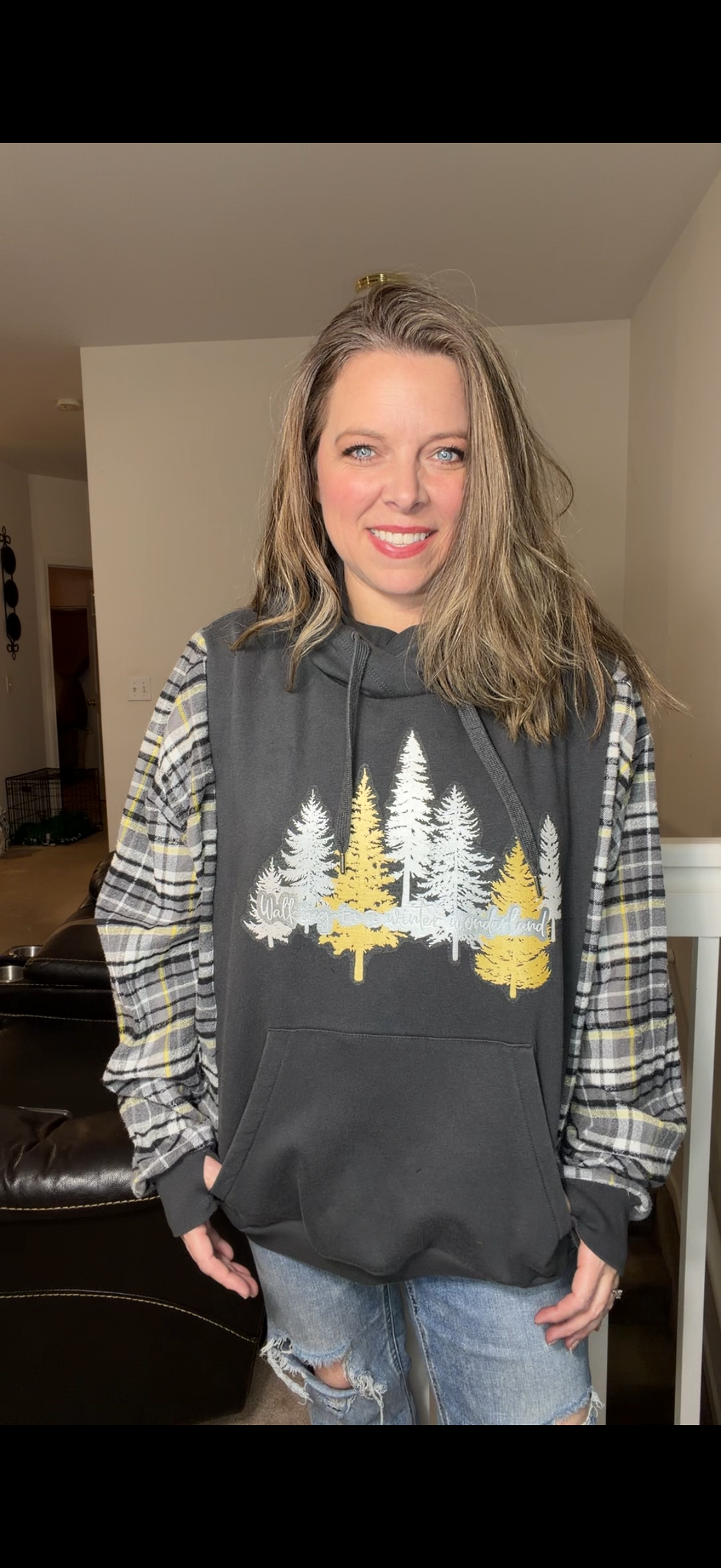 Upcycled Trees – women's one X/2X midweight sweatshirt with flannel sleeves ￼