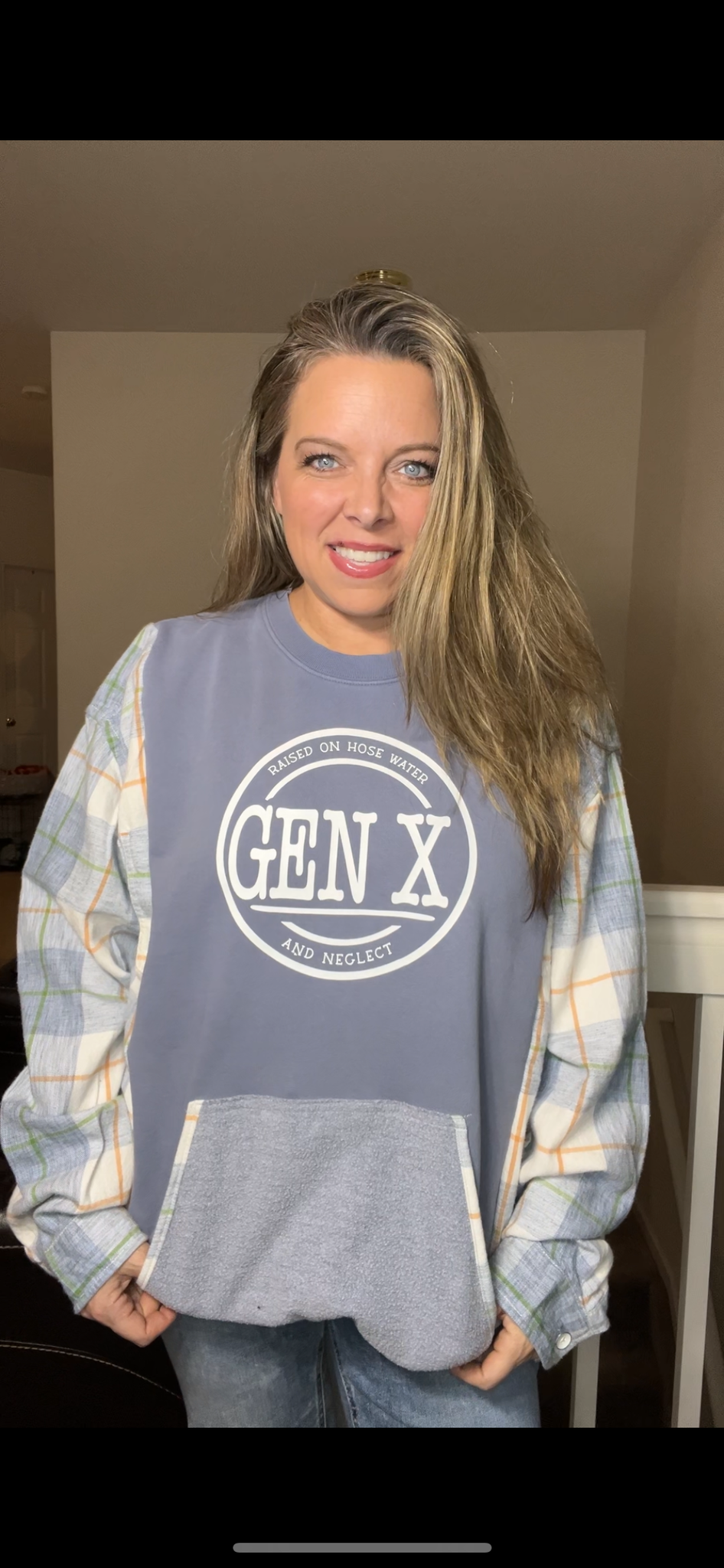Upcycled Gen X blue – women’s 2X/3X midweight sweatshirts with flannel sleeves