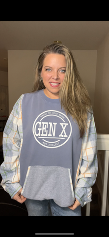 Upcycled Gen X blue – women’s 2X/3X midweight sweatshirts with flannel sleeves