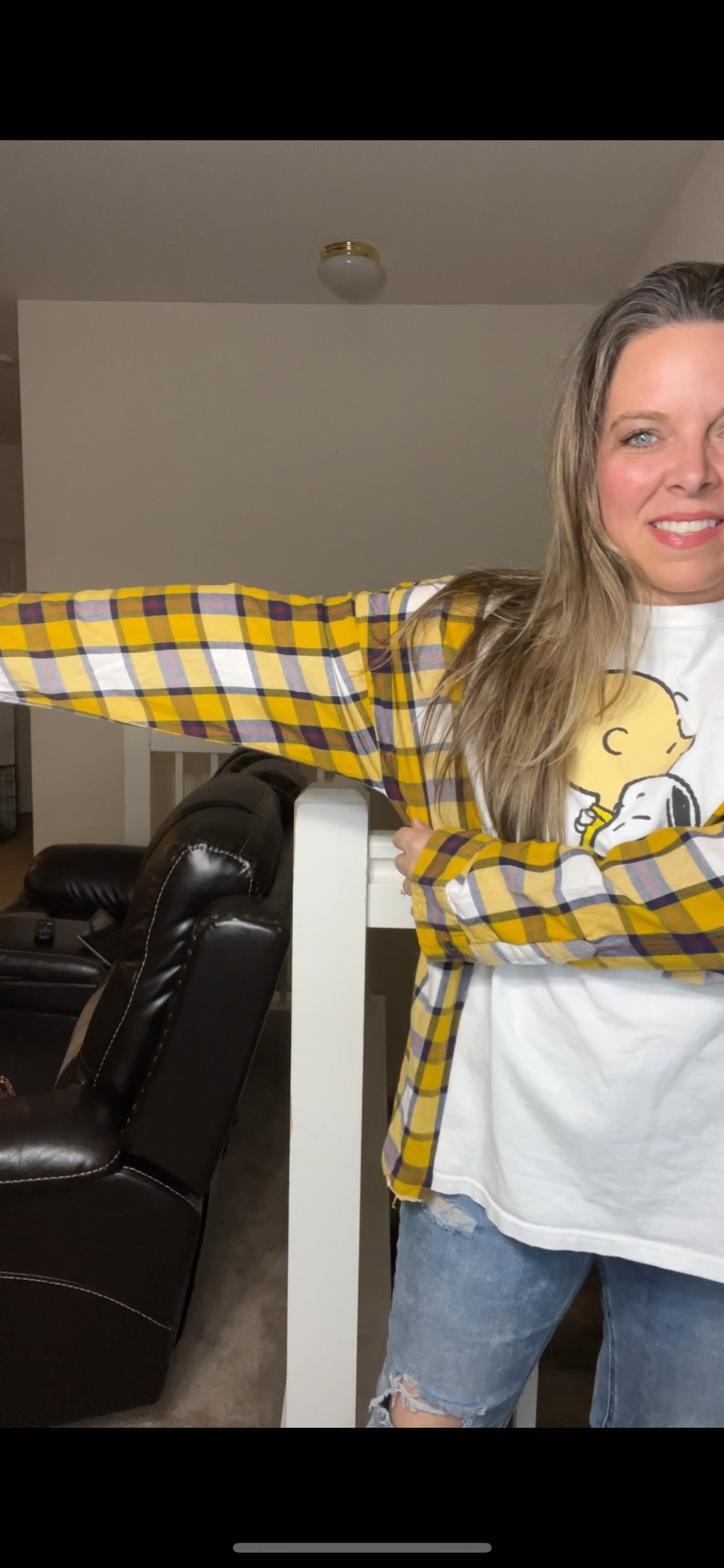 Upcycled Charlie Brown – women’s 1X T-shirt with flannel sleeves