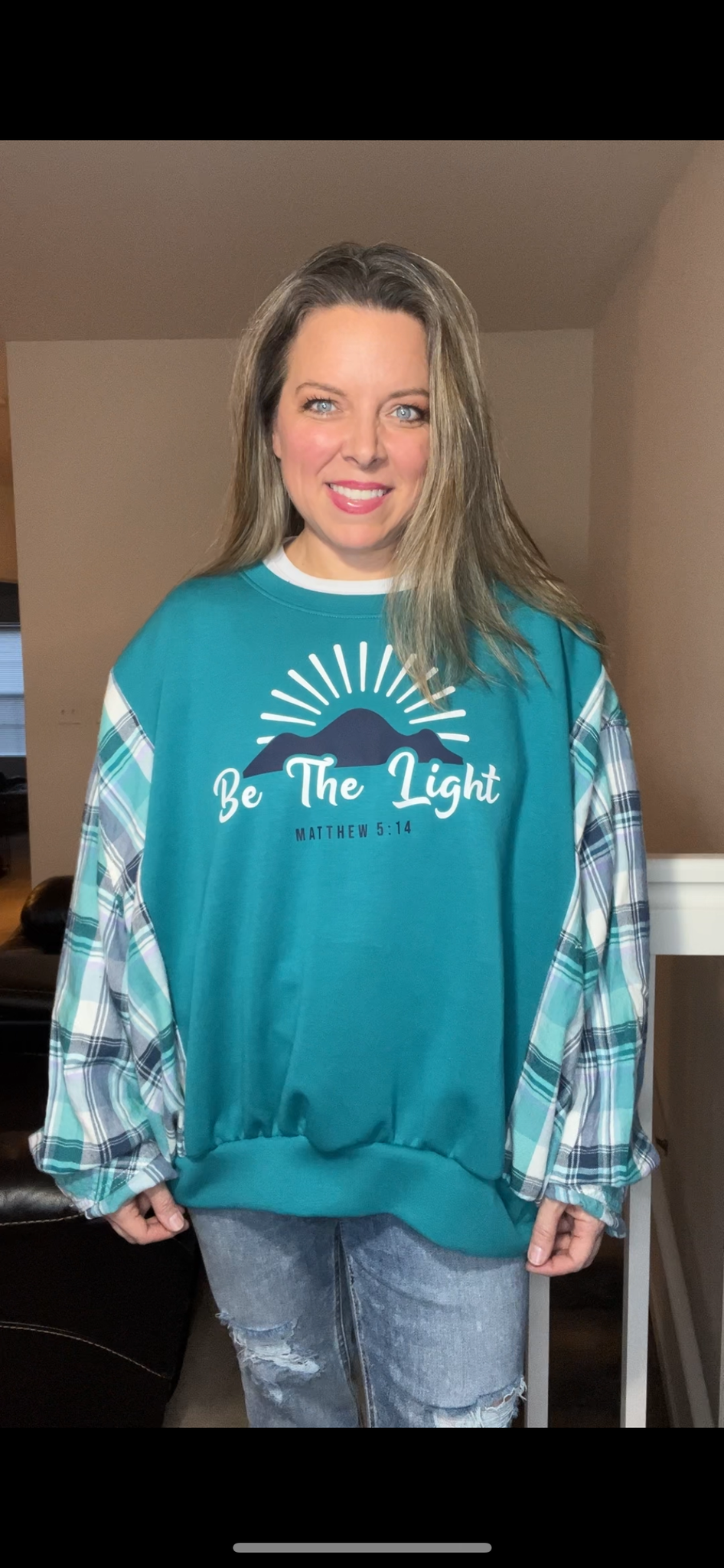 Upcycled Be the Light – women’s 1X – thin sweatshirt with flannel sleeves - wide neck