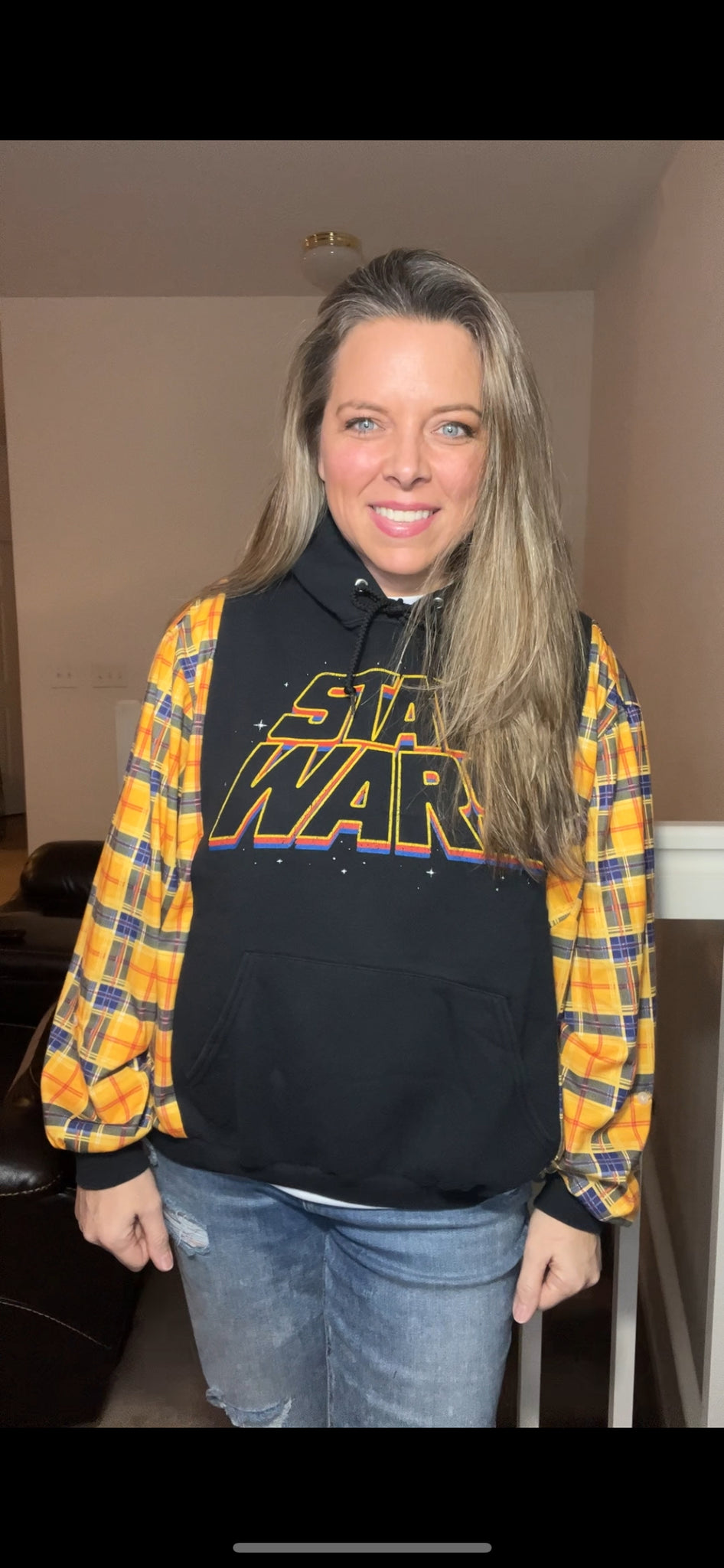 Upcycled Star Wars - women’s medium – thick sweatshirt with thin flannel sleeves ￼
