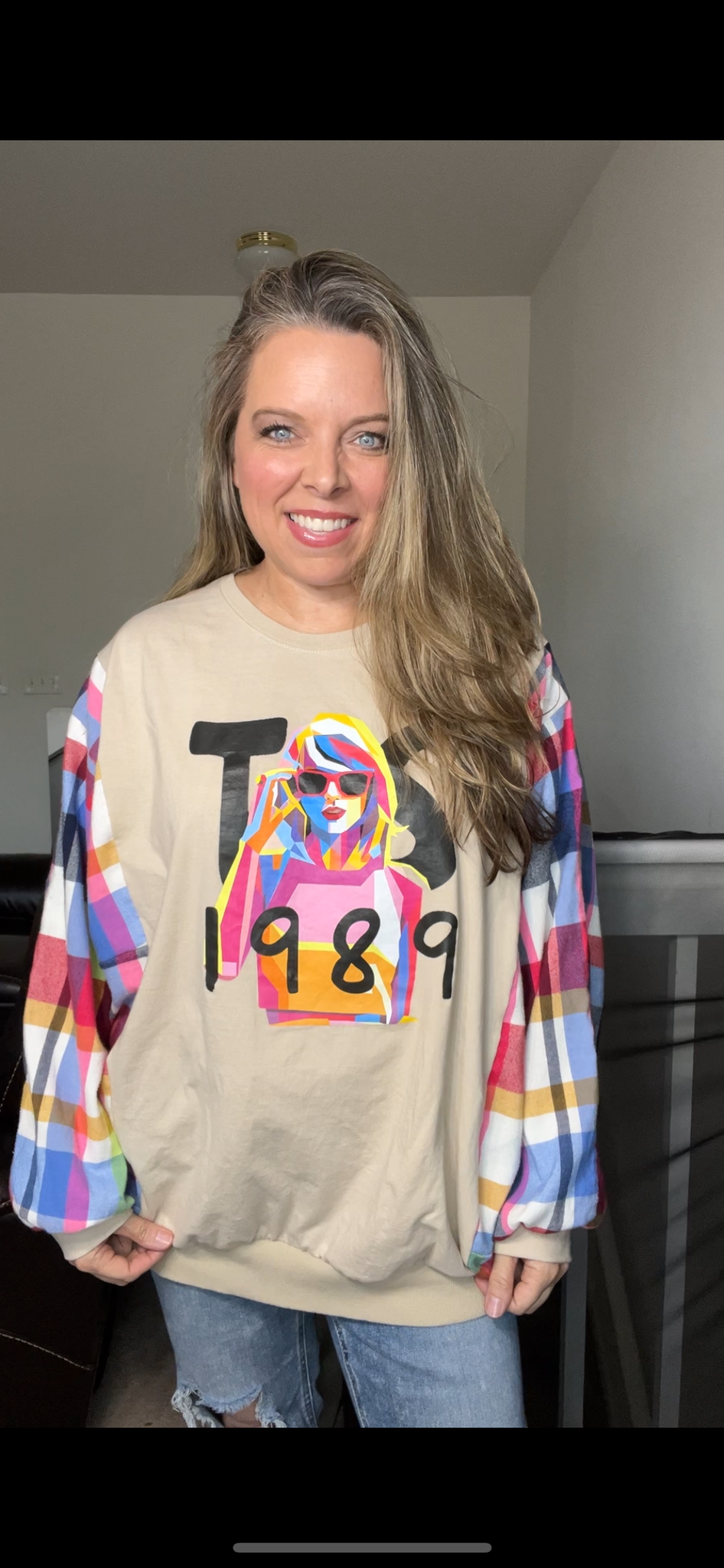 Upcycled Taylor Swift Dash women’s 3X T-shirt with flannel sleeves