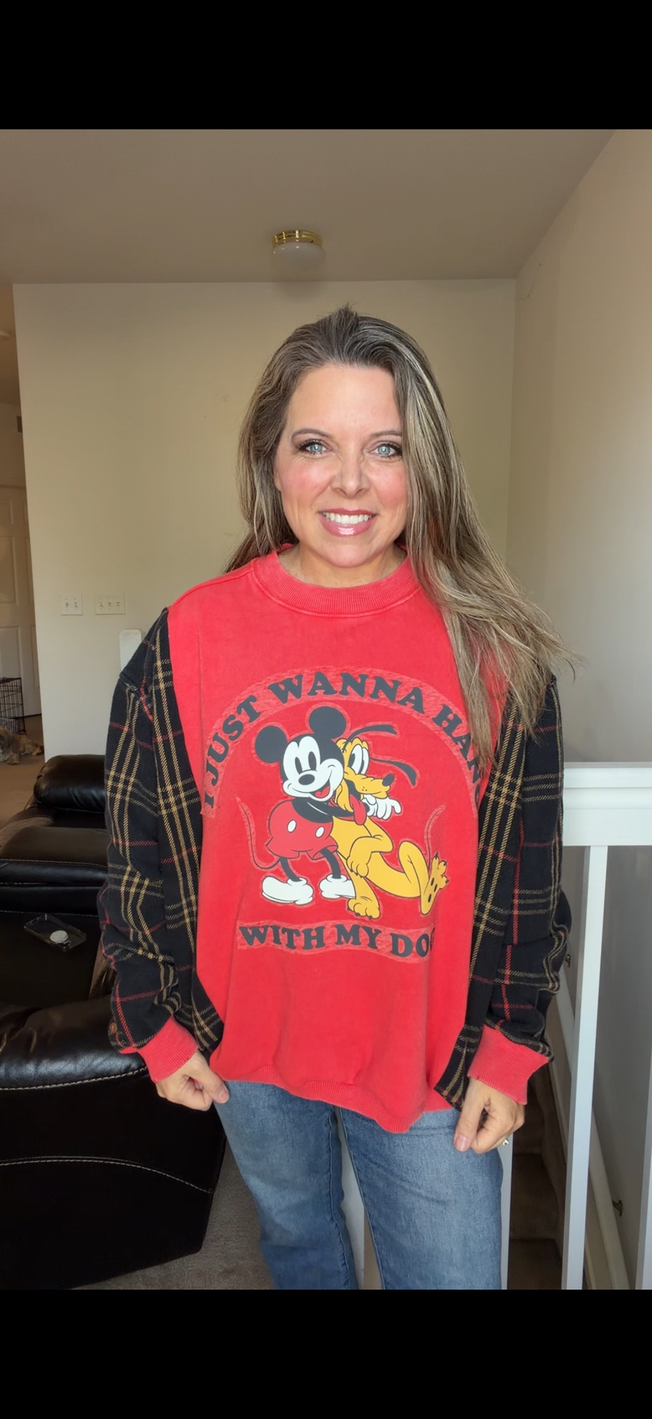 Upcycled Hang Dog - women's 1X midweight sweatshirt with thick flannel sleeves