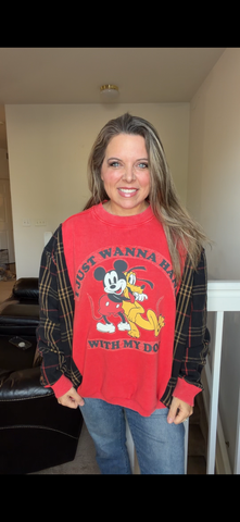 Upcycled Hang Dog - women's 1X midweight sweatshirt with thick flannel sleeves