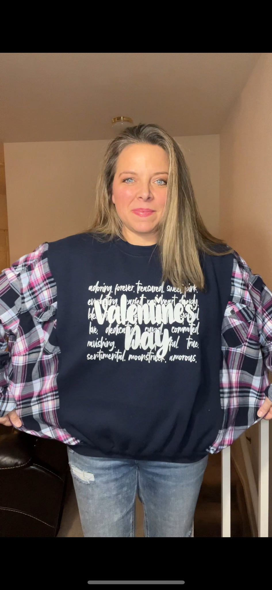 Upcycled Valentine – women’s large – midweight sweatshirt with flannel sleeves ￼