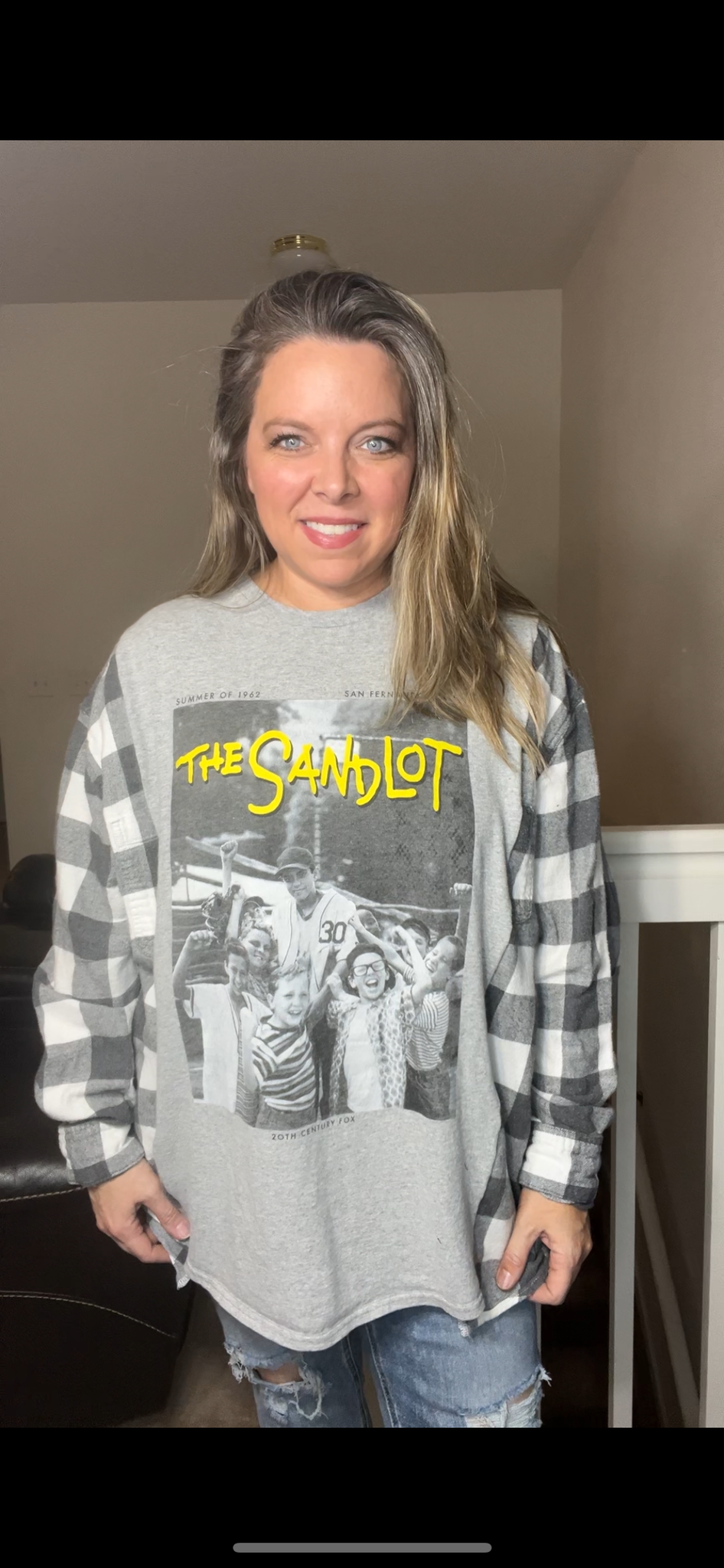 Upcycled Sandlot – women’s 2X T-shirt with flannel sleeves