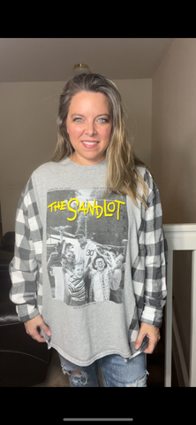 Upcycled Sandlot – women’s 2X T-shirt with flannel sleeves