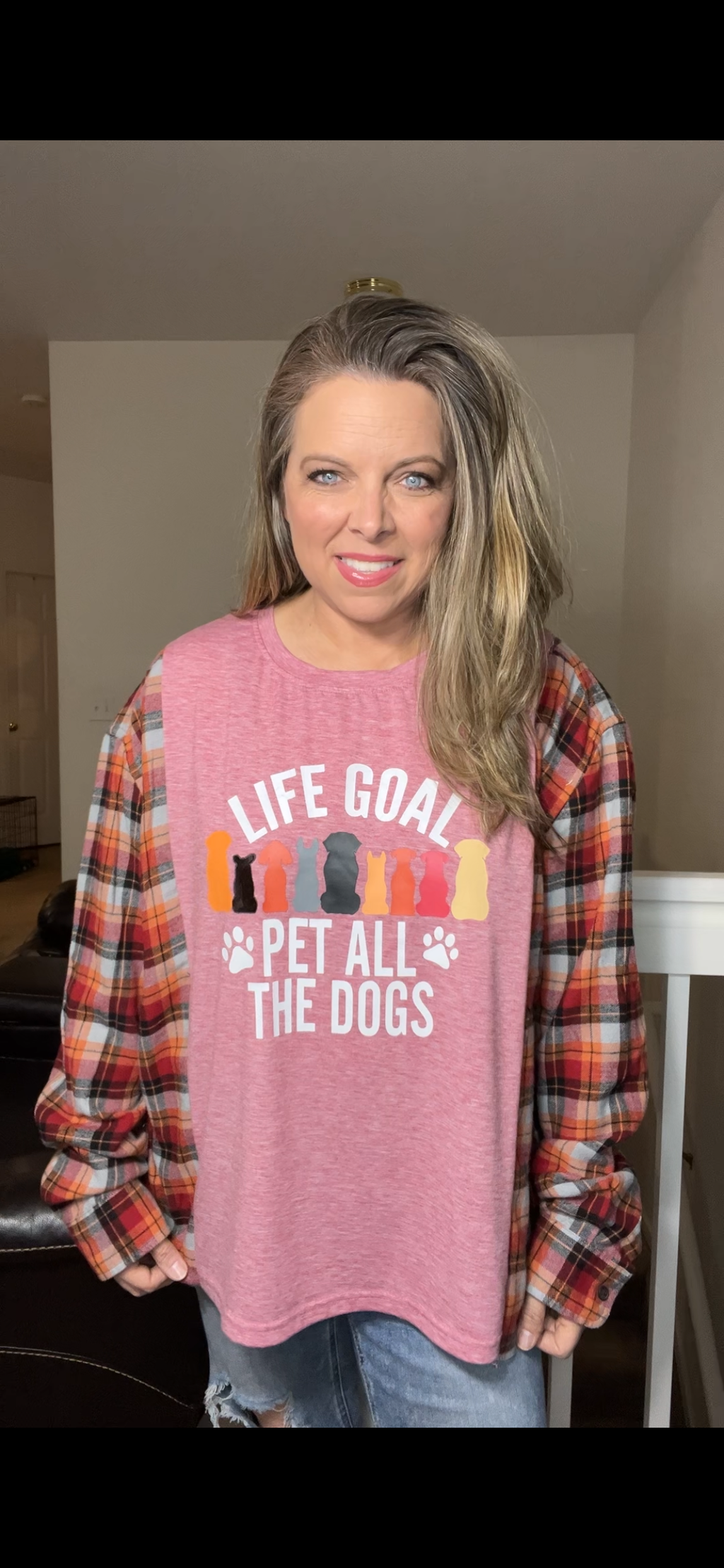 Upcycled Pet dogs – women’s 2X T-shirt with flannel sleeves