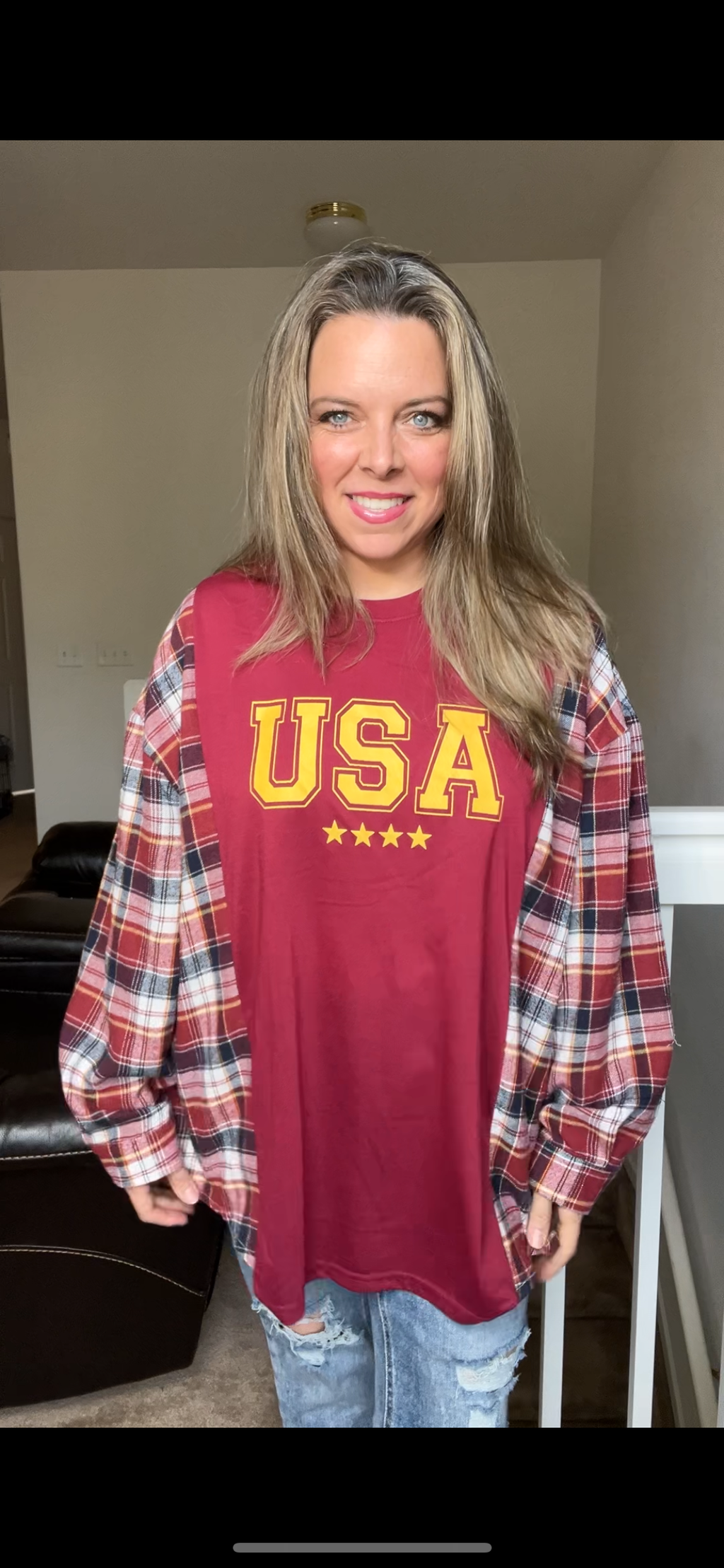 Upcycled USA Marines – women’s 2X/3X – then T-shirt with flannel sleeves￼