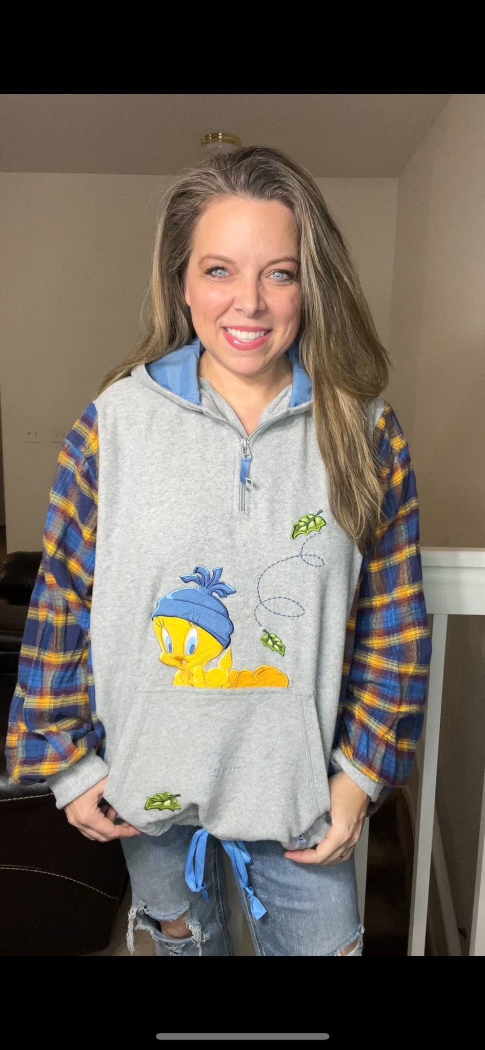 Upcycled Tweety – women’s 3X fleece sweatshirt with flannel sleeves￼