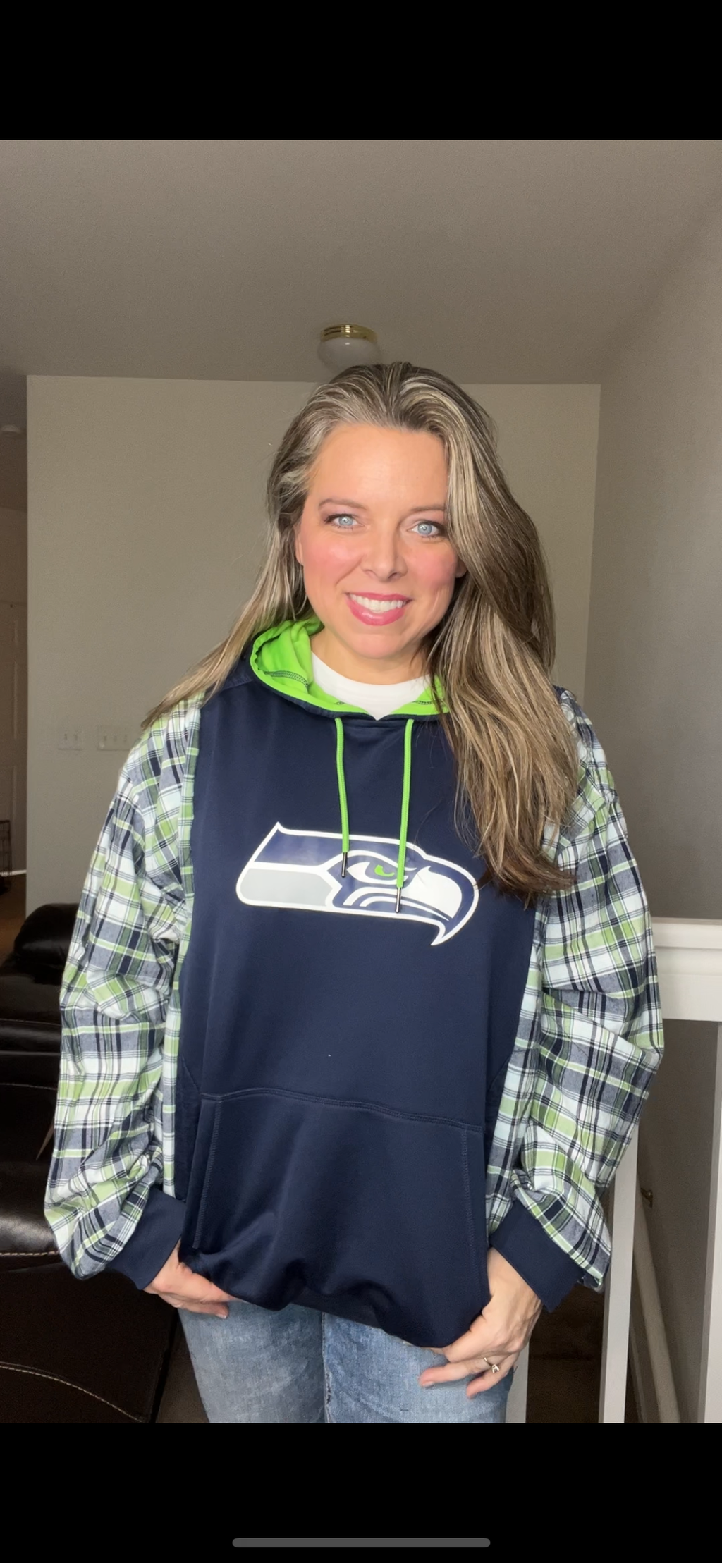 Upcycled Seahawks – women’s 1X/2X – Midweight sweatshirt with flannel sleeve