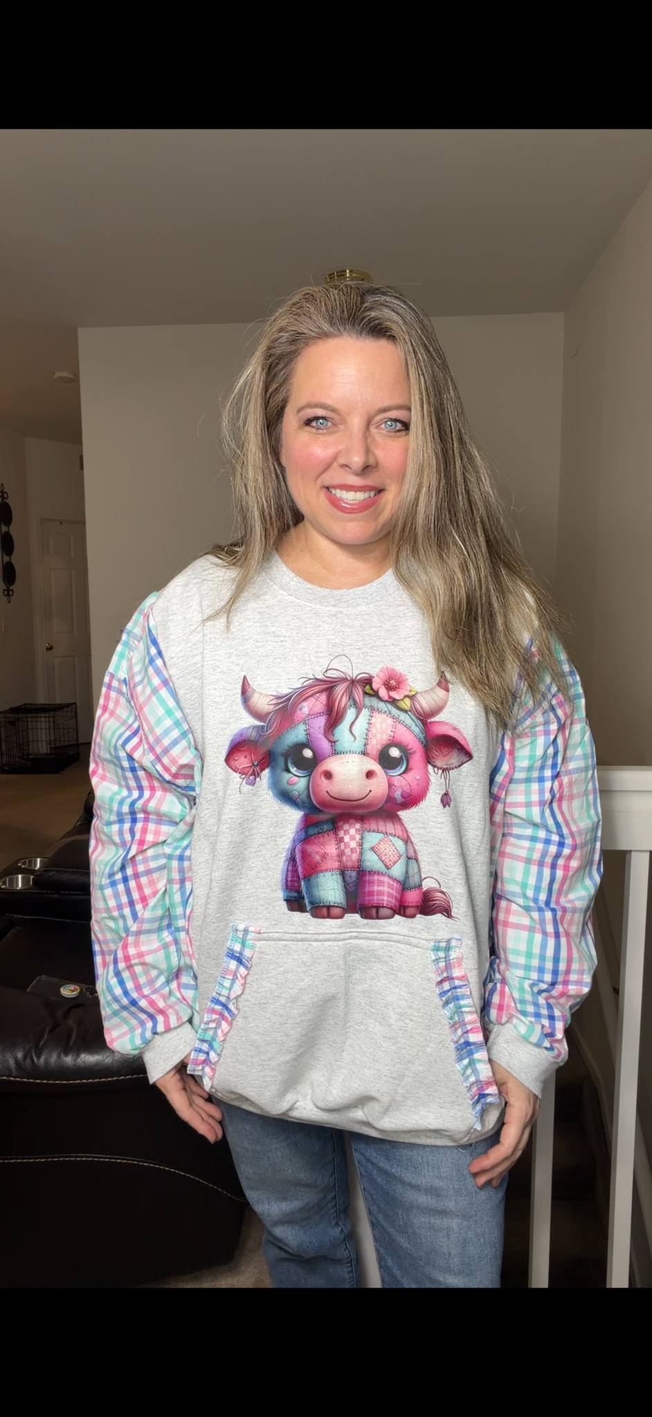 Upcycled Patchwork Cow - women's 3X midweight sweatshirt with cotton sleeves
