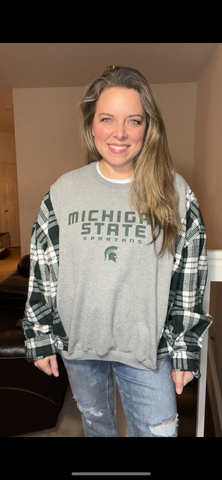Upcycled Michigan State – women’s large – midweight sweatshirt with flannel sleeves￼