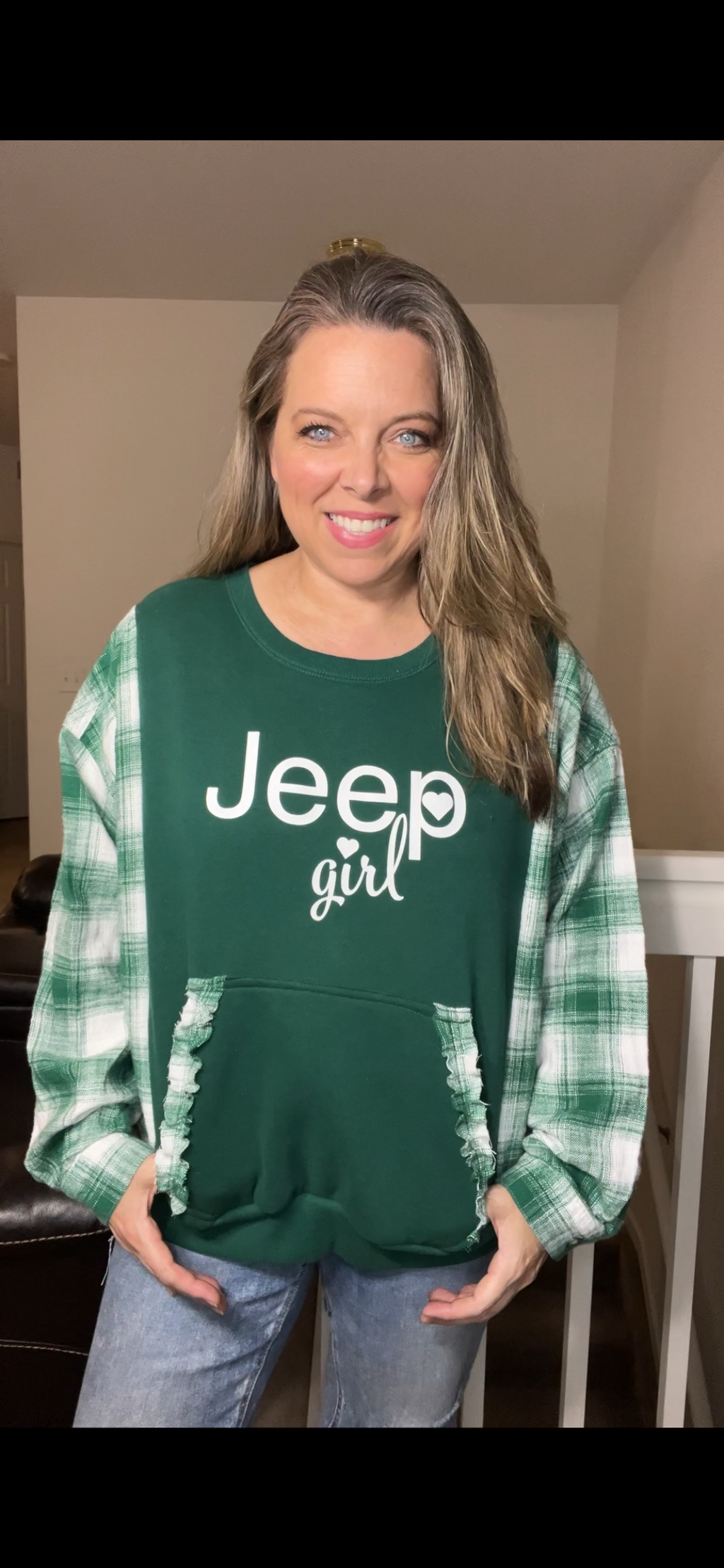 Upcycled Jeep girl – women’s large midweight sweatshirt with flannel sleeves