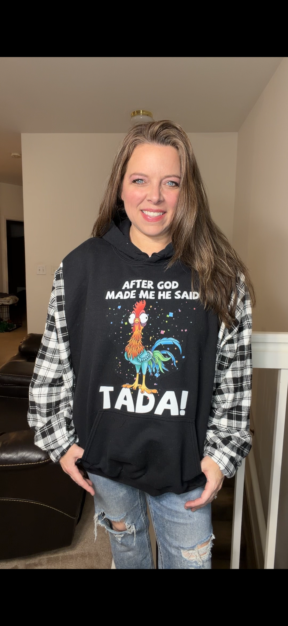 Upcycled Tada - women's 3X midweight sweatshirt with flannel sleeves ￼