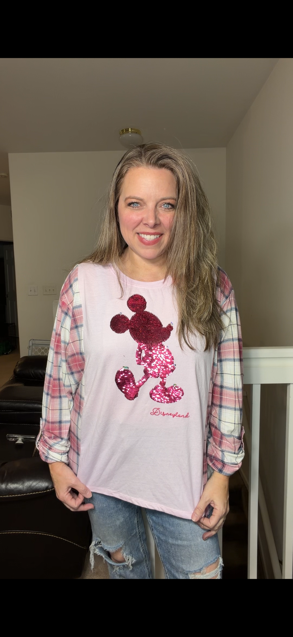 Upcycled Sequin Mickey – women's 1X T-shirt with stretch sleeves ￼