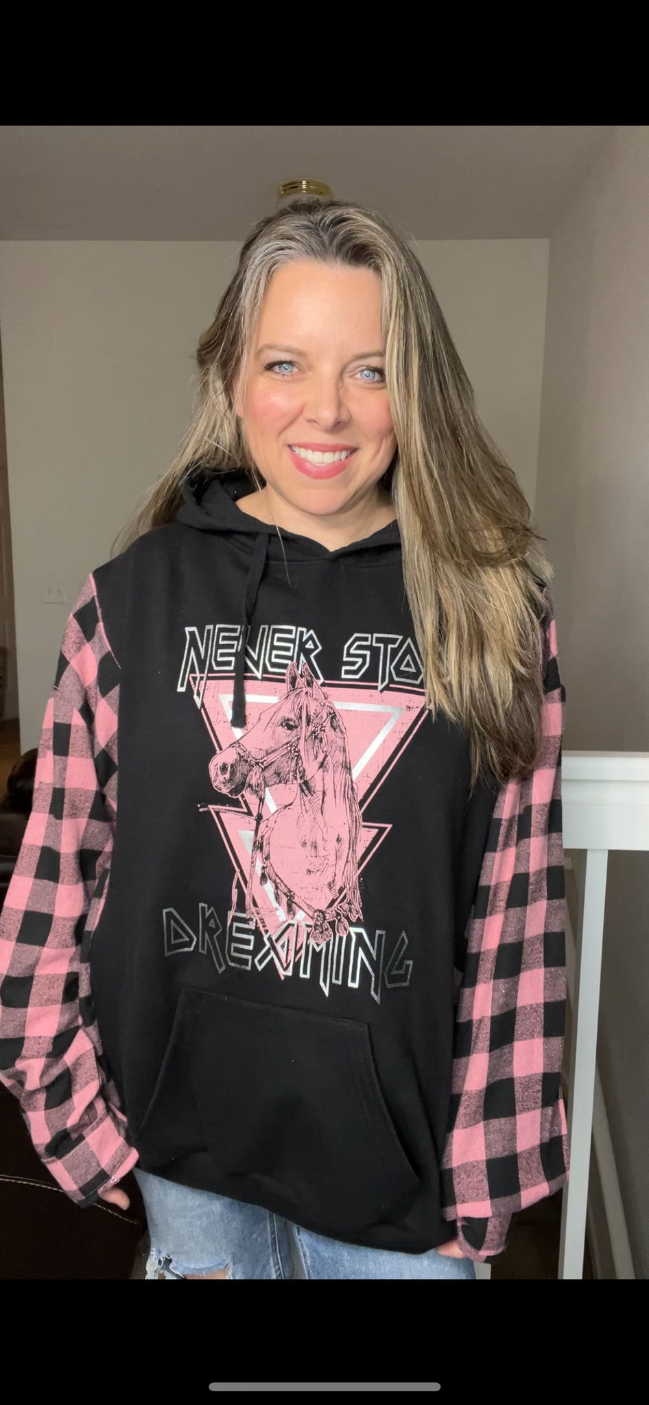 Upcycled Horse – women’s 3X/4X midweight sweatshirt with flannel sleeves