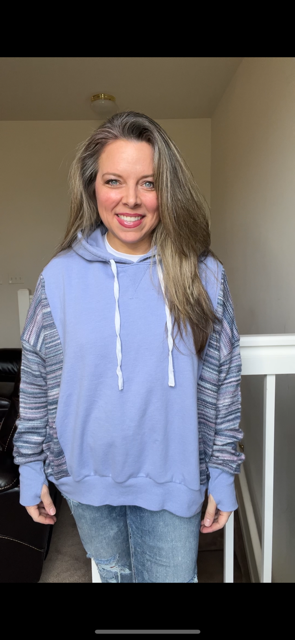 Upcycled Plain Blue or Custom Words – women’s large – midweight sweatshirt with soft sweater sleeves￼