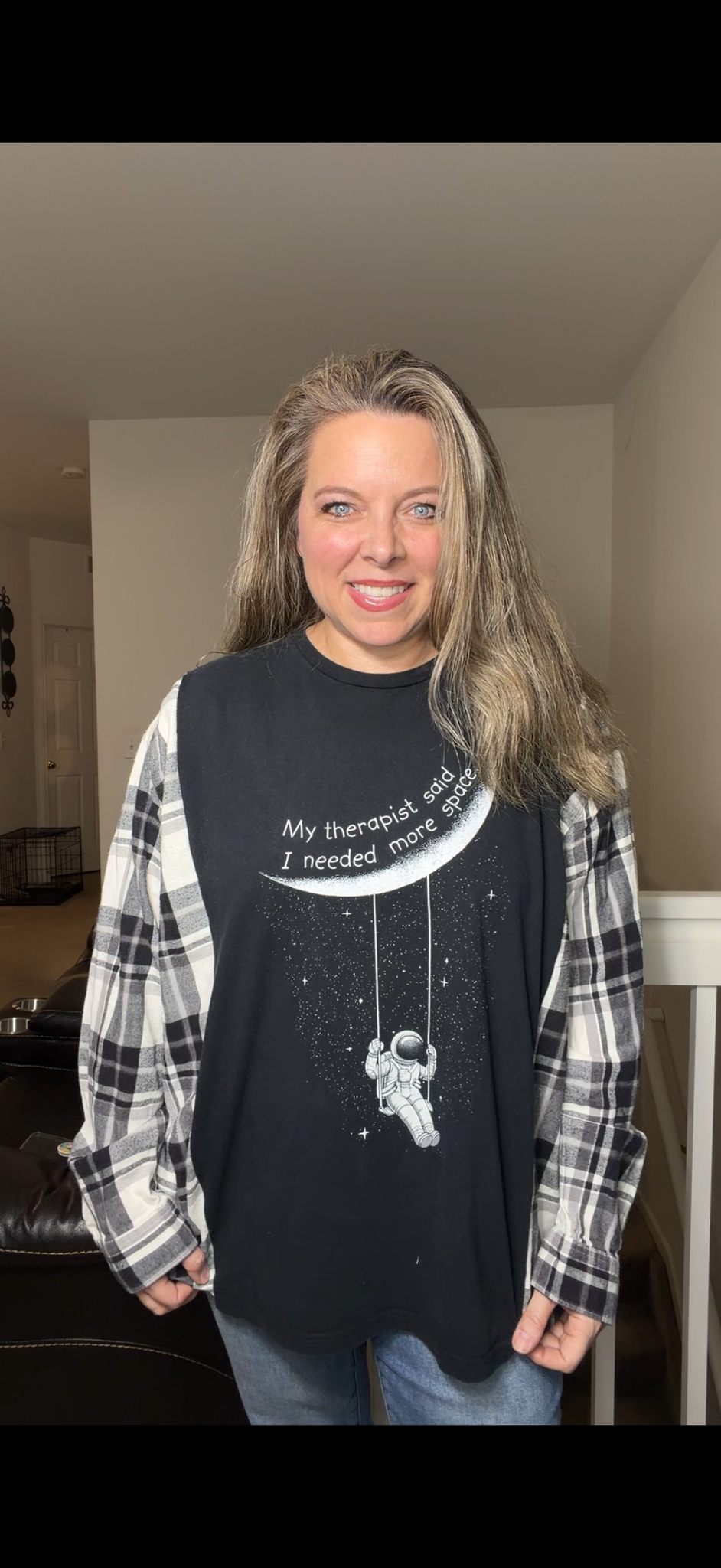 Upcycled Space - women's 1X/2X T-shirt with flannel sleeves