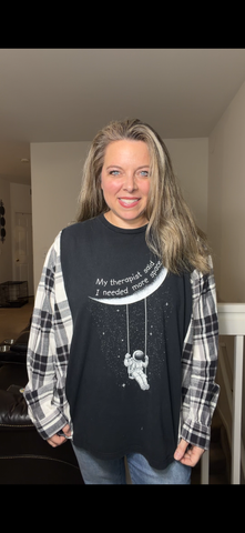 Upcycled Space - women's 1X/2X T-shirt with flannel sleeves