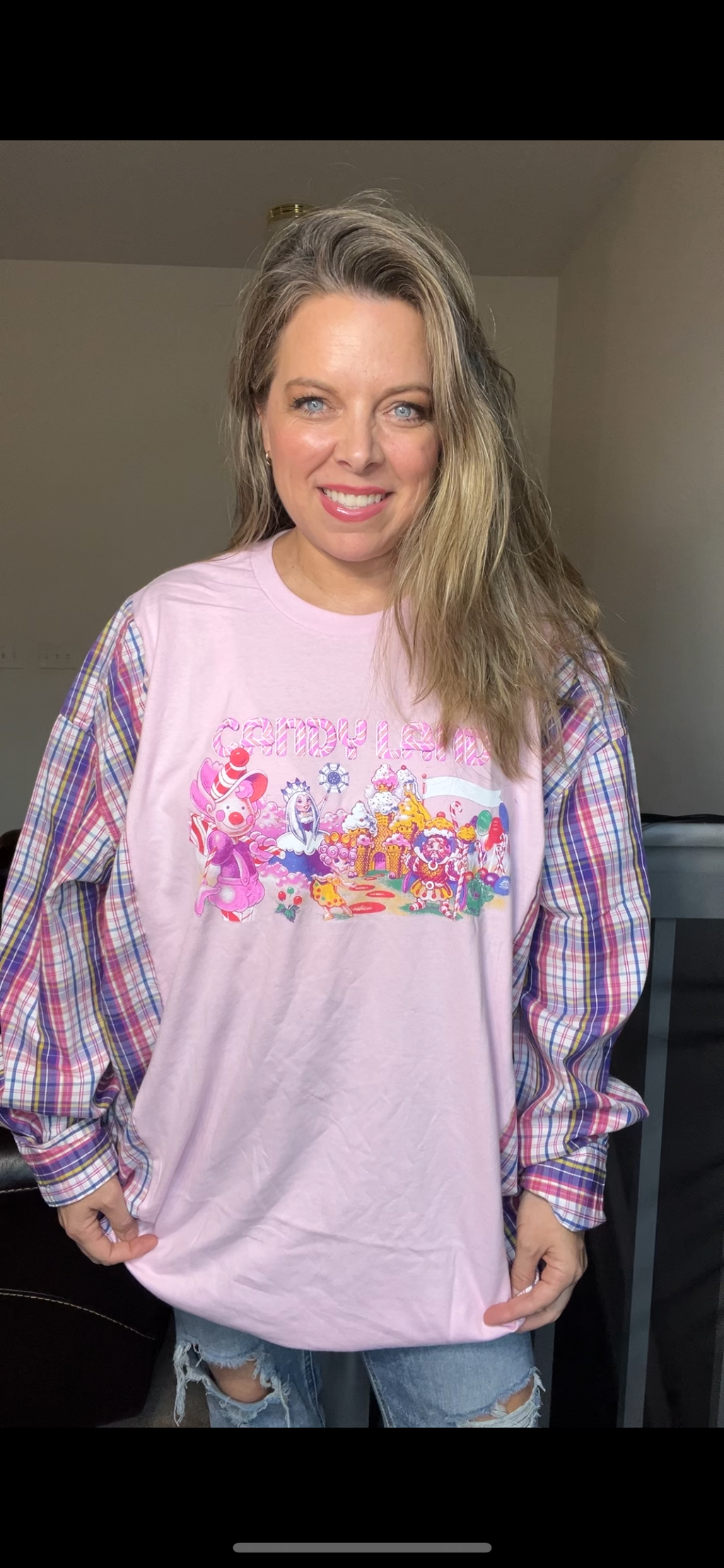 Upcycled Candyland – women's 4X/5X T-shirt with cotton sleeves