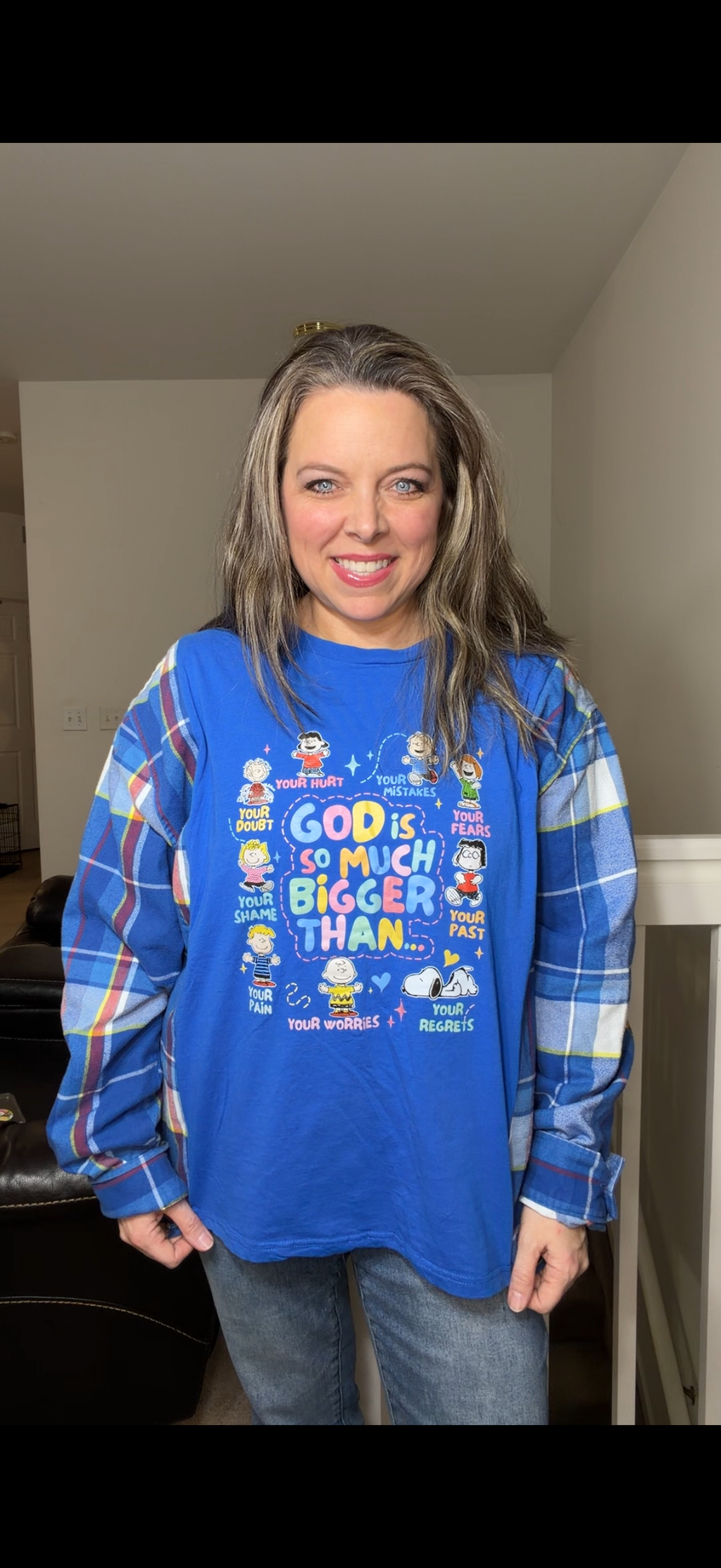 Upcycled Peanuts/God - women's 2X T-shirt with flannel sleeves
