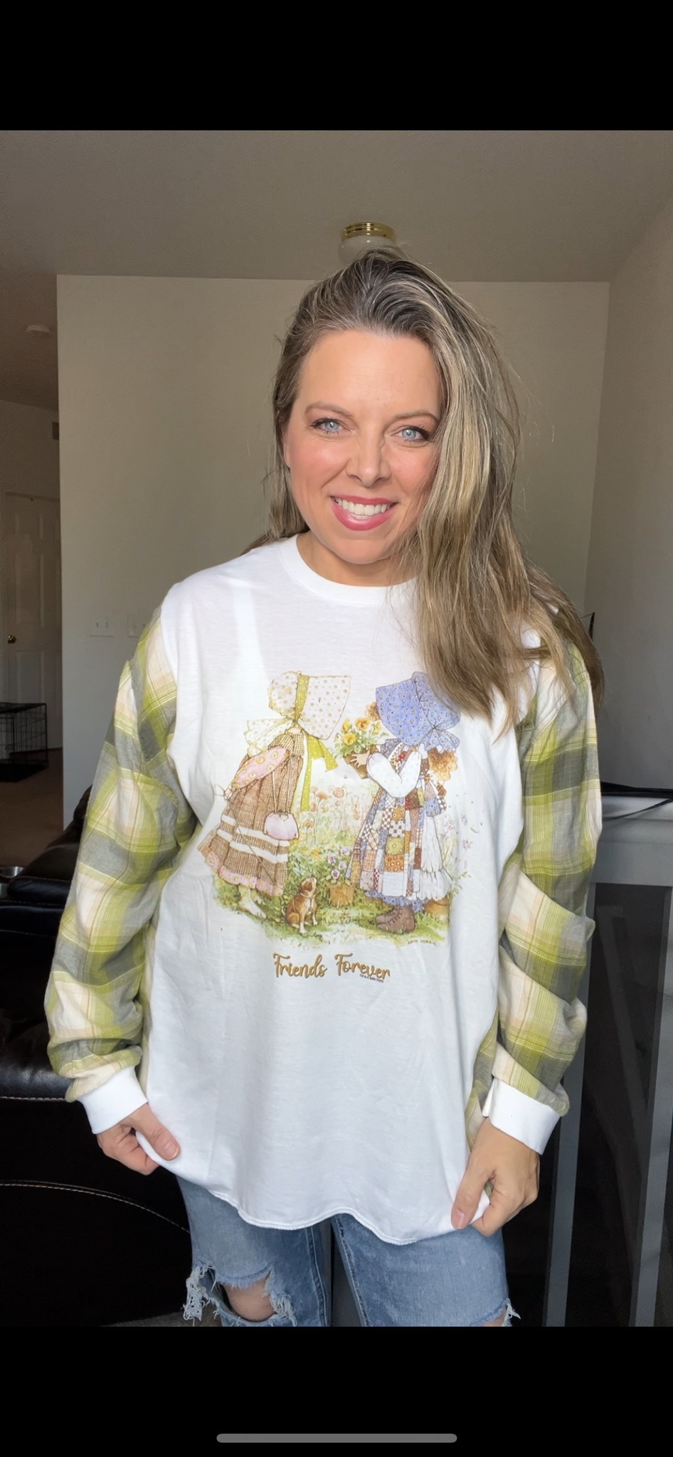 Upcycled Holly – women’s 2X thin T-shirt with flannel sleeves
