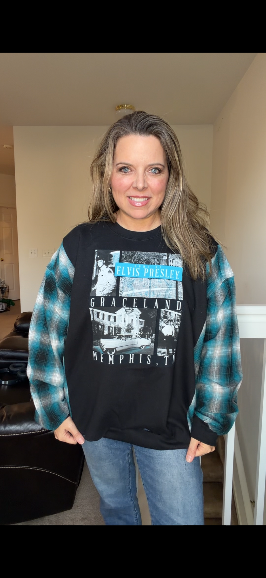 Upcycled Elvis - women's 2X/3X midweight Sweatshirt with flannel sleeves