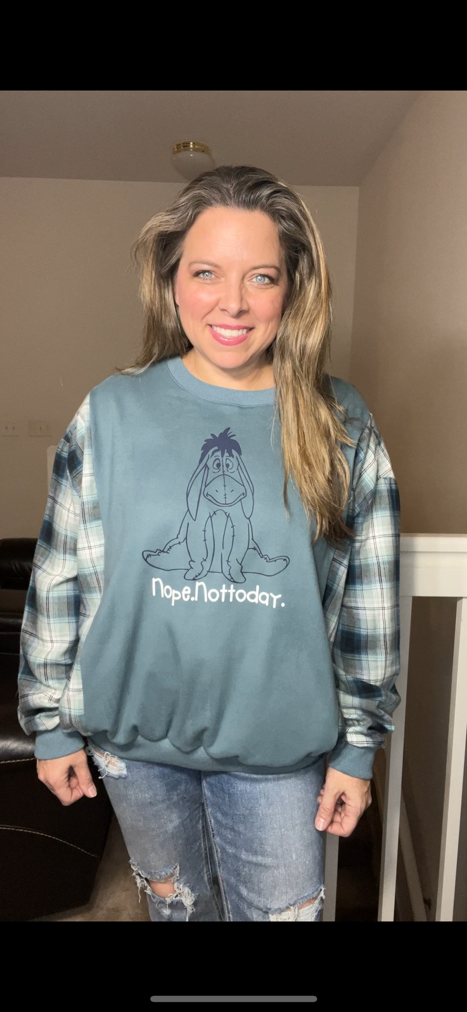 Upcycled Eeyore – women’s large – stretch velour shirt with flannel sleeves￼