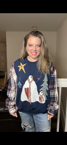 Upcycled Snowman – women's 1X midweight sweatshirt with flannel sleeves ￼