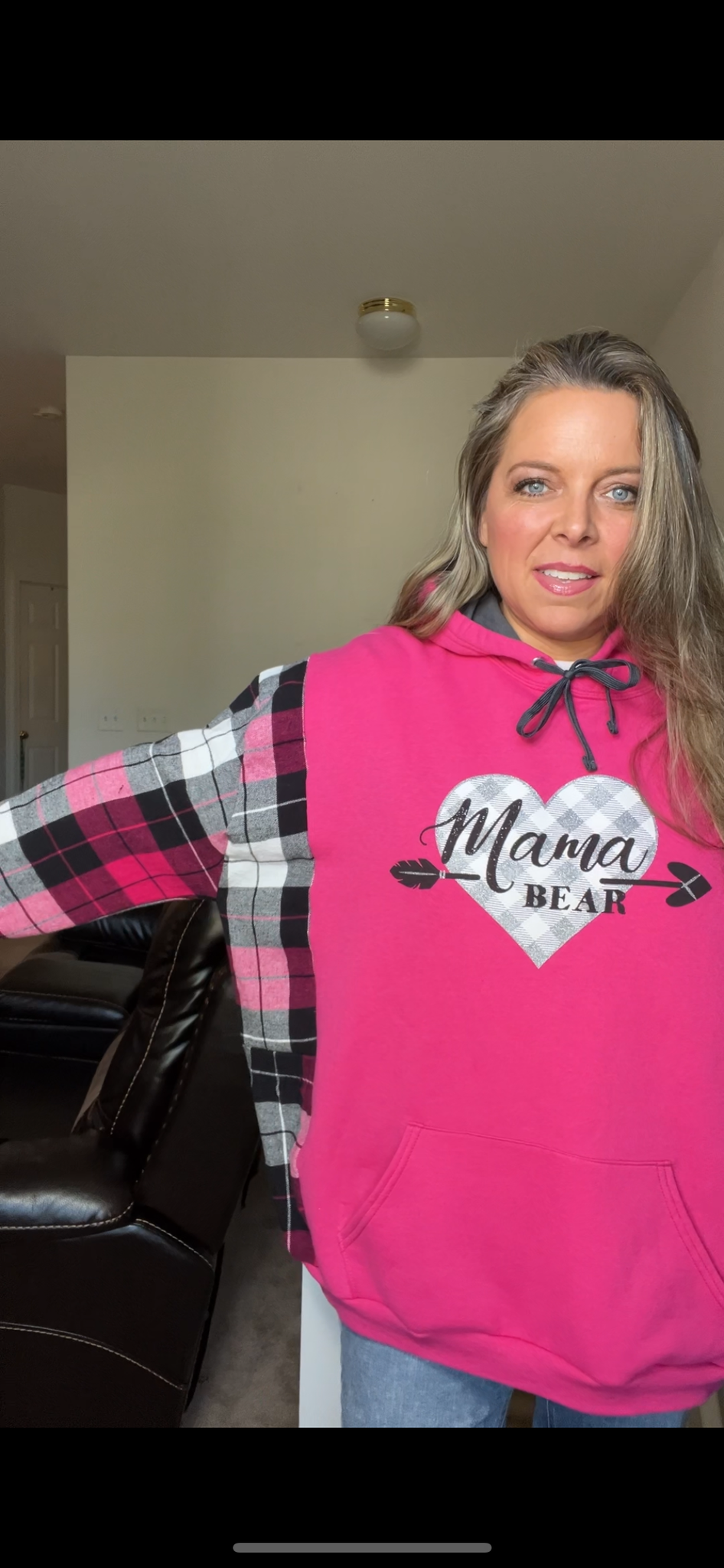 Upcycled Mama Bear – women’s 2X – midweight sweatshirt with flannel sleeves￼