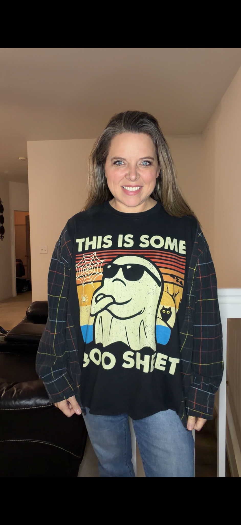 Upcycled Boo Sheet - women's 2X T-shirt with flannel sleeves