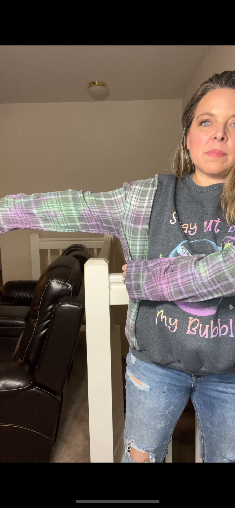 Upcycled Bubble - women’s large – midweight sweatshirt with flannel sleeves – sleeves more fitted