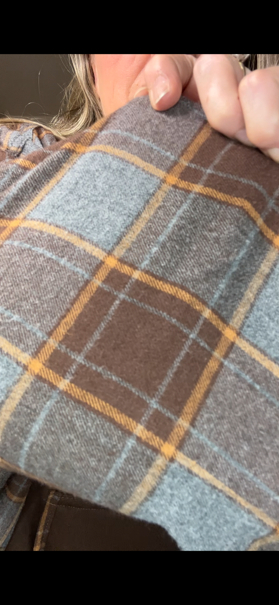 Upcycled Gen X Brown – women’s XL/1X midweight sweatshirt with flannel sleeves