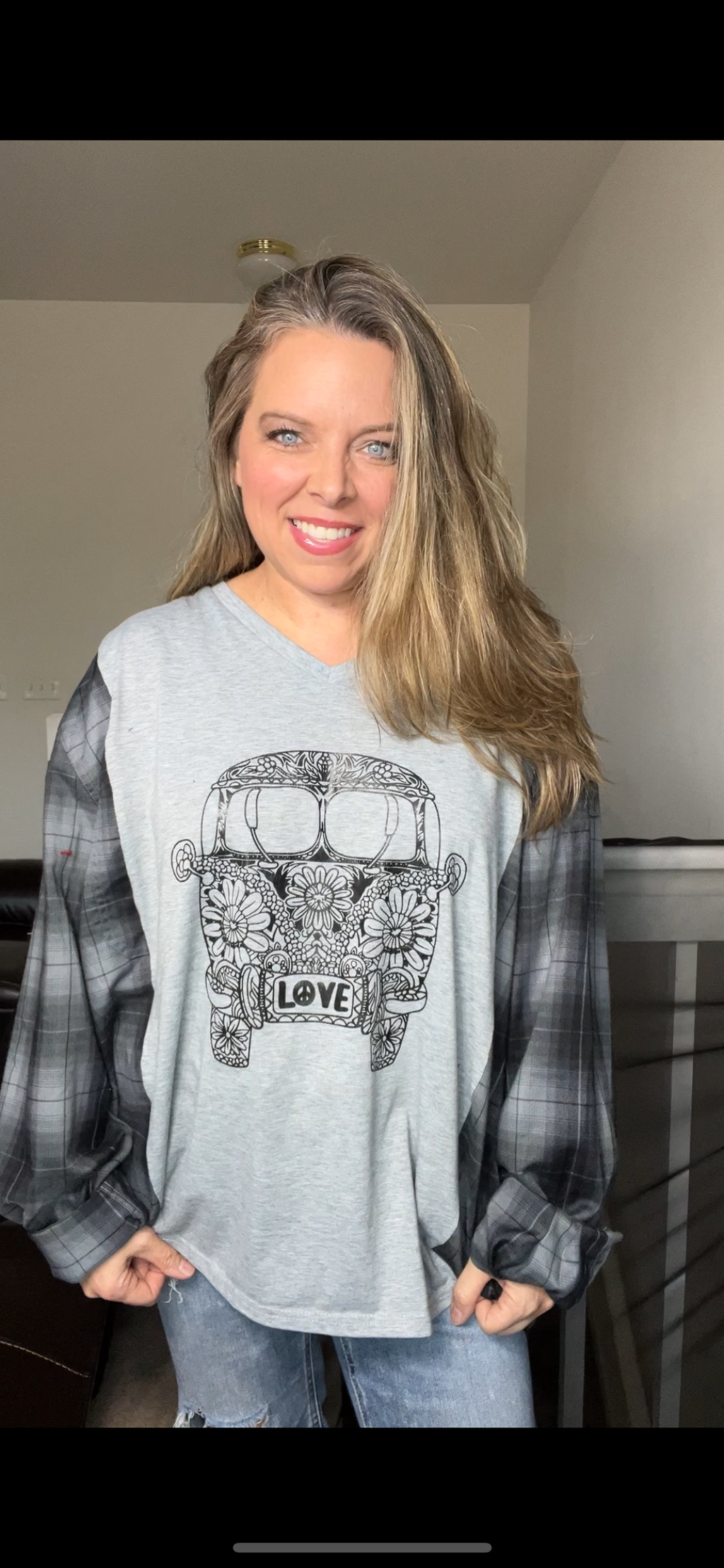 Upcycled Bus – women’s 3X/4X T-shirt with flannel sleeves