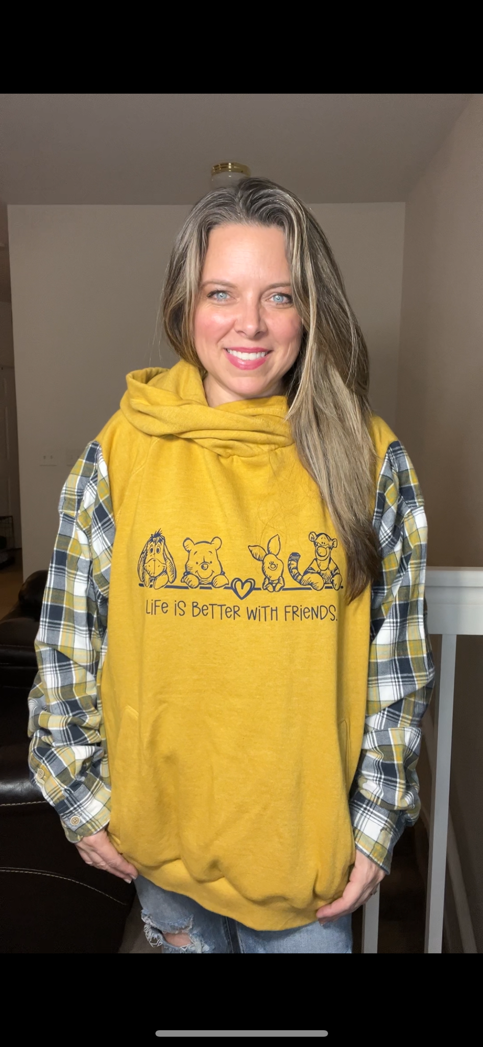 Upcycled Pooh friends – women’s 3X – midweight sweatshirt with flannel sleeves – hood can be removed￼