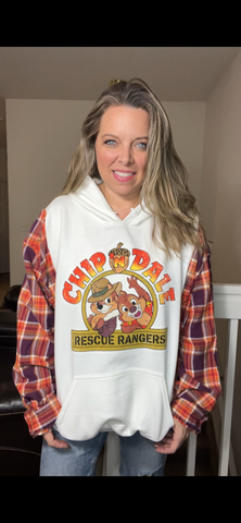 Upcycled Chip n Dale – women’s 3X midweight sweatshirt with flannel sleeves￼