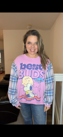 Upcycled Charlie/Snoopy - women's XL thin sweatshirt with flannel sleeves ￼